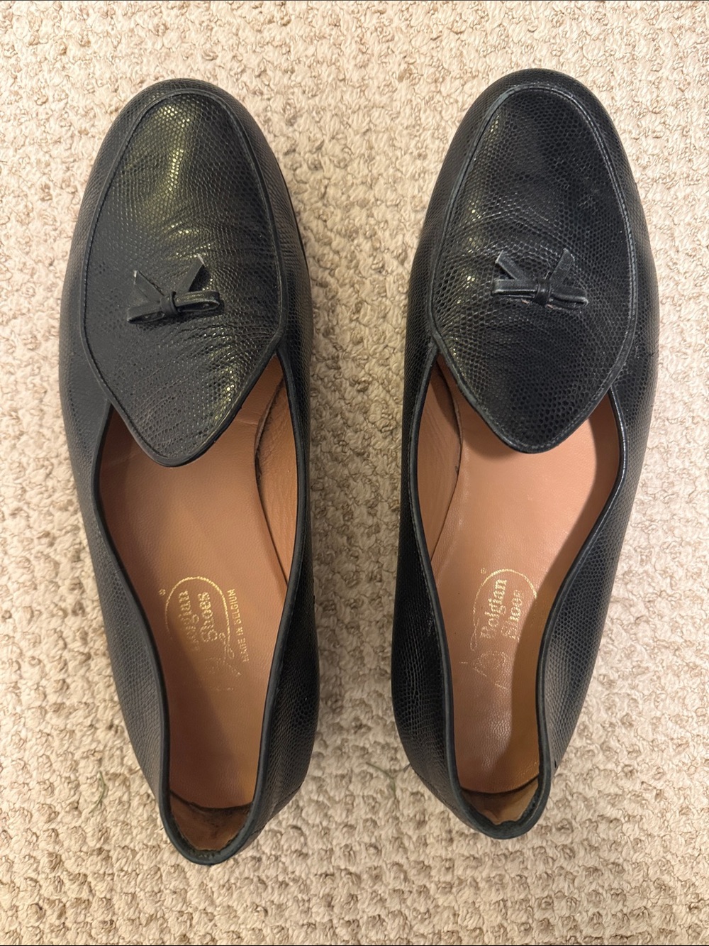 Authentic Belgian Shoes Black Lizard-Texture Loafers